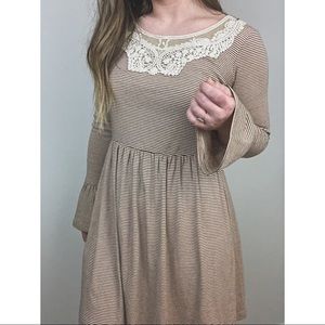 Long Sleeve Bell Sleeve Striped Lace Dress